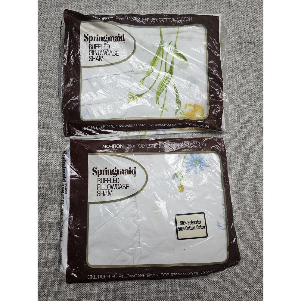 Vintage Springmaid Ruffled Pillowcase Sham Standard Floral Set NOS Polyester Cot